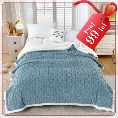 Patura cu blanita model tip Tricot, pentru pat dublu 200 x 230 cm, Albastru
