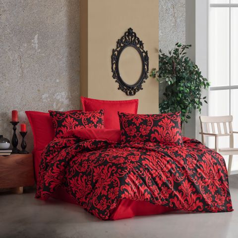 Lenjerie pat dublu Bumbac 100% Ranforce 4 piese extra large, cearsaf pat 240x260 cm, pilota 200x220 cm, 2 fete perne 50x70 cm, Rosu / Negru CALLIGRA V1