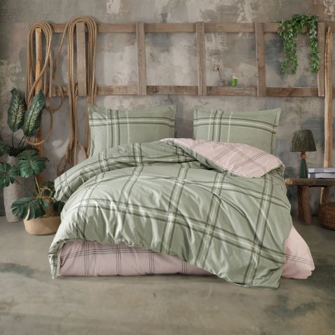 Lenjerie pat dublu Bumbac 100% Ranforce 4 piese extra large, cearsaf pat 240x260 cm, pilota 200x220 cm, 2 fete perne 50x70 cm, Verde CAPELLA V1