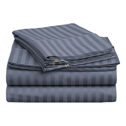 Cearsaf de pat 1 persoana Damasc Bumbac 100% tip Hotel cu dunga 1 cm, 160x240 cm, Gri Antracit