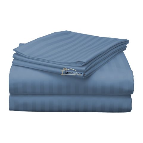 Cearsaf de pat 2 persoane Damasc Policoton dunga 1 cm, 220 x 230 cm, Bleu