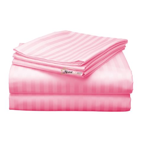 Cearsaf de pat 2 persoane Damasc Policoton dunga 1 cm, 220 x 230 cm, Roz Bonbon