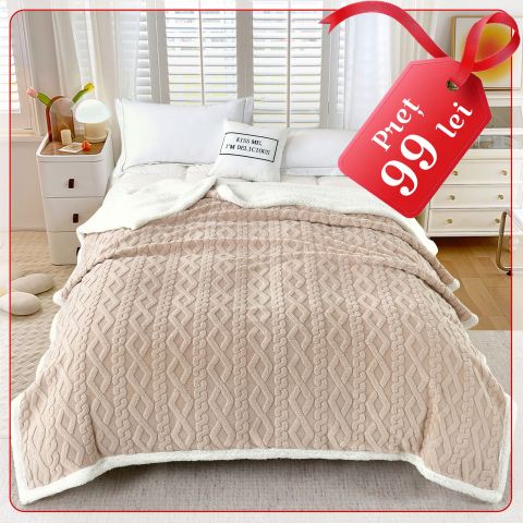 Patura cu blanita model tip Tricot, pentru pat dublu 200 x 230 cm, Cappuccino
