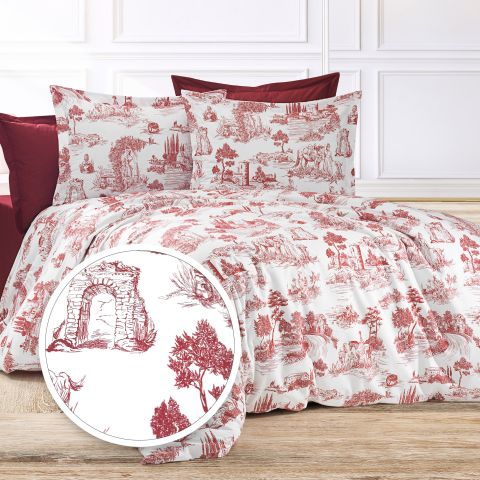 Lenjerie pat dublu Creponata 100% Bumbac, cearsaf pat 200x230 cm, pilota 180x215 cm, 2 fete perna 50x70 cm, Alb Roșu, Pucioasa
