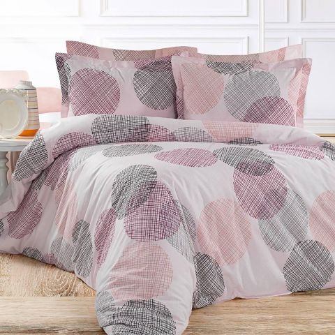 Lenjerie pat dublu Creponata 100% Bumbac, cearsaf pat 200x230 cm, pilota 180x215 cm, 2 fete perna 50x70 cm, Moderna Roz, Pucioasa