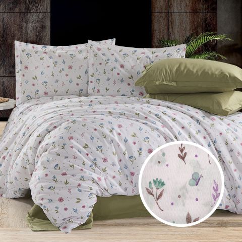 Lenjerie pat dublu Creponata 100% Bumbac, cearsaf pat 200x230 cm, pilota 180x215 cm, 2 fete perna 50x70 cm, Crem-Verde, Pucioasa