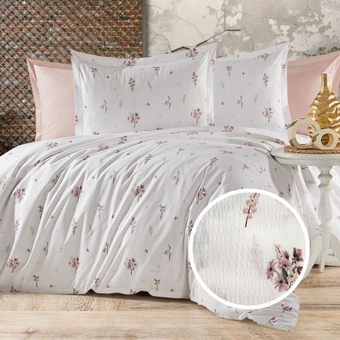 Lenjerie pat Creponata 100% Bumbac, cearsaf pat 160x240 cm, pilota 140x210 cm, fata perna 50x70 cm, Alb-Roz Pudra, Pucioasa