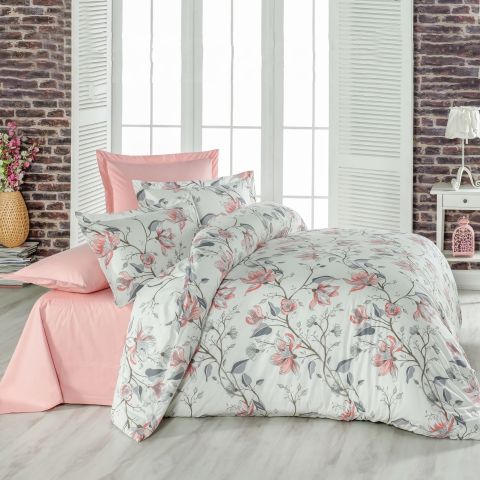 Lenjerie pat dublu Creponata 100% Bumbac, cearsaf pat 200x230 cm, pilota 180x215 cm, 2 fete perna 50x70 cm, Roz Pudra, Pucioasa