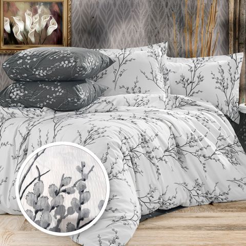 Lenjerie pat dublu Creponata 100% Bumbac, cearsaf pat 200x230 cm, pilota 180x215 cm, 2 fete perna 50x70 cm, Alb/Gri, Pucioasa