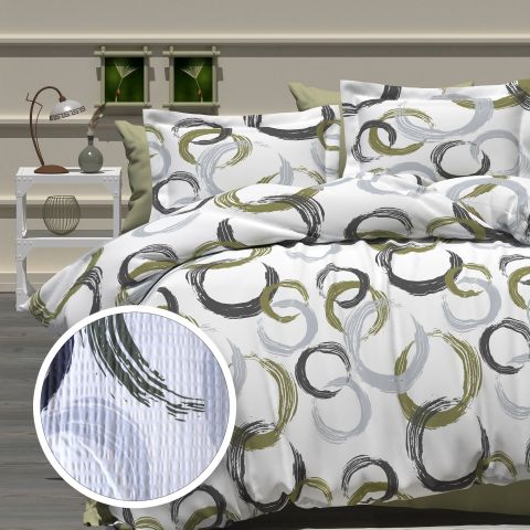 Lenjerie pat Creponata 100% Bumbac, cearsaf pat 160x240 cm, pilota 140x210 cm, fata perna 50x70 cm, Crem Verde, Pucioasa