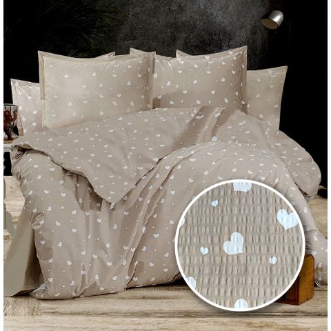 Lenjerie pat dublu extra large Creponata 100% Bumbac, cearsaf pat 240x260 cm, pilota 200x230 cm, 2 fete perna 50x70 cm, Alb/Bej, Pucioasa CREP60