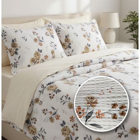 Lenjerie pat dublu Creponata 100% Bumbac, cearsaf pat 200x230 cm, pilota 180x215 cm, 2 fete perna 50x70 cm, Alb/Crem, Pucioasa CREP62