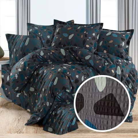 Lenjerie pat dublu Creponata 100% Bumbac, cearsaf pat 200x230 cm, pilota 180x215 cm, 2 fete perna 50x70 cm, Negru, Pucioasa