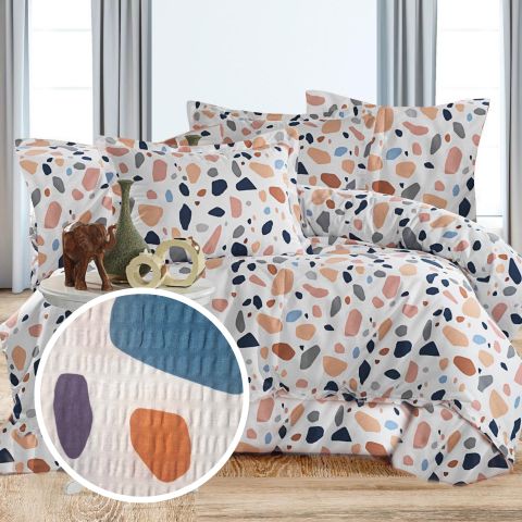 Lenjerie pat dublu extra large Creponata 100% Bumbac, cearsaf pat 240x260 cm, pilota 200x230 cm, 2 fete perna 50x70 cm, Alb-Bej, Pucioasa