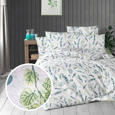 Lenjerie pat dublu extra large Creponata 100% Bumbac, cearsaf pat 240x260 cm, pilota 200x230 cm, 2 fete perna 50x70 cm, Verde-Albastru, Pucioasa