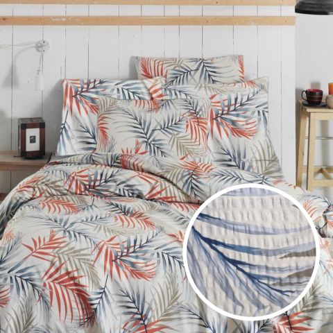 Lenjerie pat Creponata 100% Bumbac, cearsaf pat 160x240 cm, pilota 140x210 cm, fata perna 50x70 cm, Bej-Portocaliu, Pucioasa