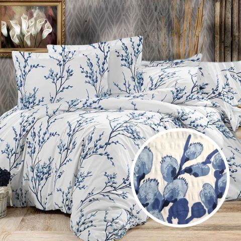 Lenjerie pat dublu Creponata 100% Bumbac, cearsaf pat 200x230 cm, pilota 180x215 cm, 2 fete perna 50x70 cm, Crem-Albastru, Pucioasa