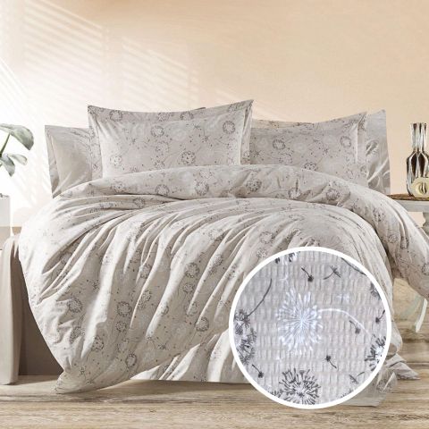 Lenjerie pat dublu Creponata 100% Bumbac, cearsaf pat 200x230 cm, pilota 180x215 cm, 2 fete perna 50x70 cm, Cappuccino, Pucioasa