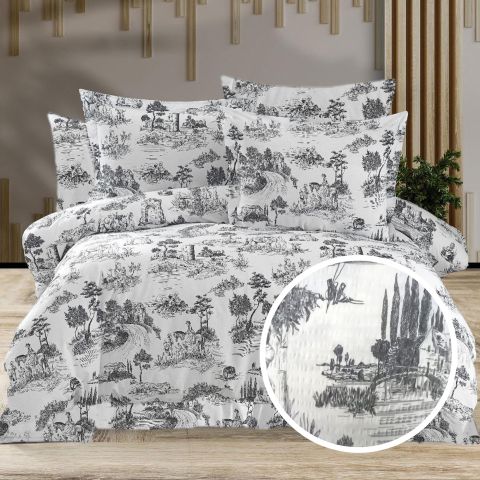 Lenjerie pat dublu Creponata 100% Bumbac, cearsaf pat 200x230 cm, pilota 180x215 cm, 2 fete perna 50x70 cm, Crem-Gri, Pucioasa