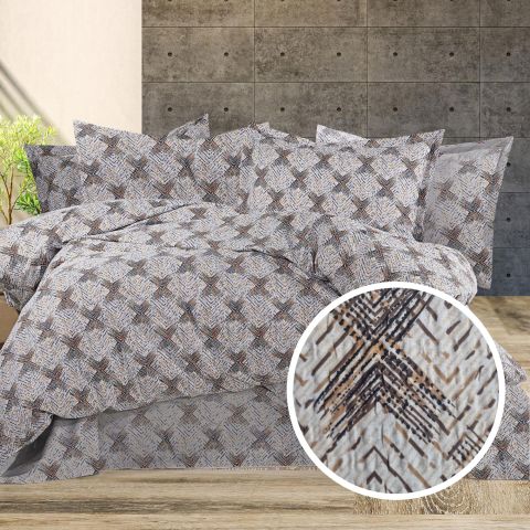 Lenjerie pat dublu extra large Creponata 100% Bumbac, cearsaf pat 240x260 cm, pilota 200x230 cm, 2 fete perna 50x70 cm, Bej-Gri, Pucioasa