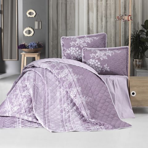 Cuvertura matlasata pat dublu, 240x260 cm si 2 Fete perne 50x70 cm, Clasy Mov BOVA V2