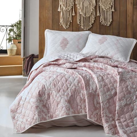 Cuvertura matlasata pat dublu, 240x260 cm si 2 Fete perne 50x70 cm, Clasy Roz FIORITA V1