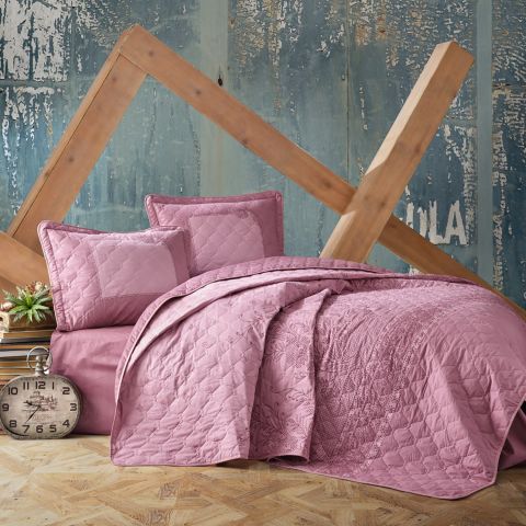 Cuvertura matlasata pat dublu, 240x260 cm si 2 Fete perne 50x70 cm, Clasy Roz RISA V2