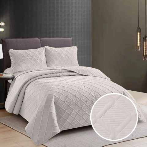 Cuvertura matlasata pat UNI 230x250 cm cu 2 fete perne 50x70 cm, model romb, Bej Champain