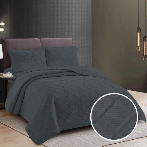 Cuvertura matlasata pat UNI 230x250 cm cu 2 fete perne 50x70 cm, model romb, Antracit Cool Gray