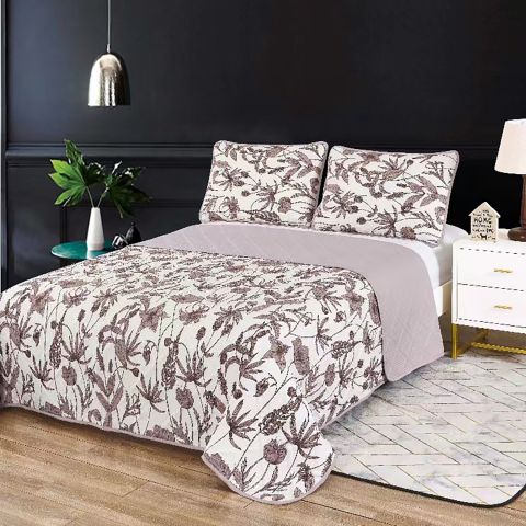 Cuvertura pat matlasata imprimta 230x250 cm cu 2 fete perne 50x70 cm, Frunze Mov