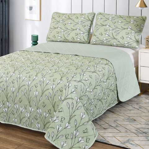 Cuvertura pat matlasata imprimta 230x250 cm cu 2 fete perne 50x70 cm, Flori Verde