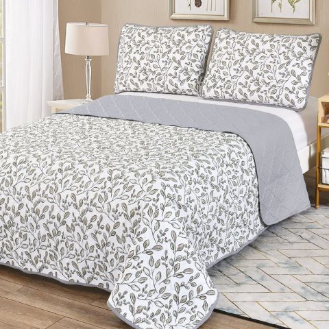 Cuvertura pat matlasata imprimta 230x250 cm cu 2 fete perne 50x70 cm, Flori Gri