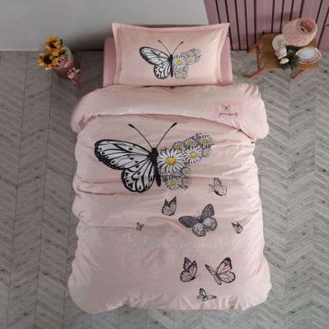 Lenjerie pat 1 persoana Bumbac 100% Ranforce 3 piese cearsaf pat 180x240 cm, pilota 160x220 cm, 1 fata perna 50x70 cm, Clasy, Daisy Love v2