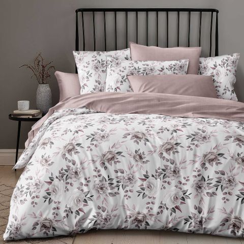 Lenjerie pat dublu Economy 4 piese, cearsaf pat 230x250 cm si pilota 200x230 cm, 2 fete perne 50x70, Motiv Floral Roz ECN11