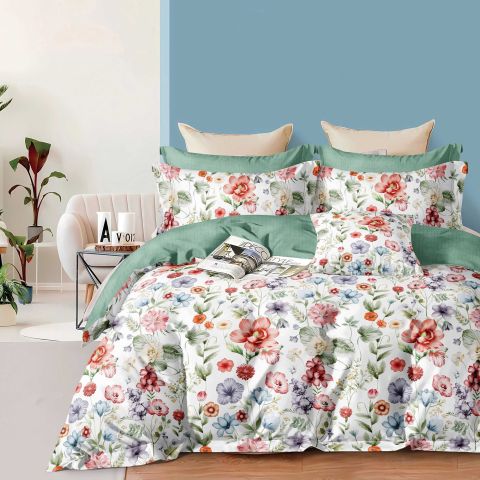 Lenjerie pat dublu Economy 4 piese, cearsaf pat 230x250 cm si pilota 200x230 cm, 2 fete perne 50x70, Floricele colorate Verde ECN2