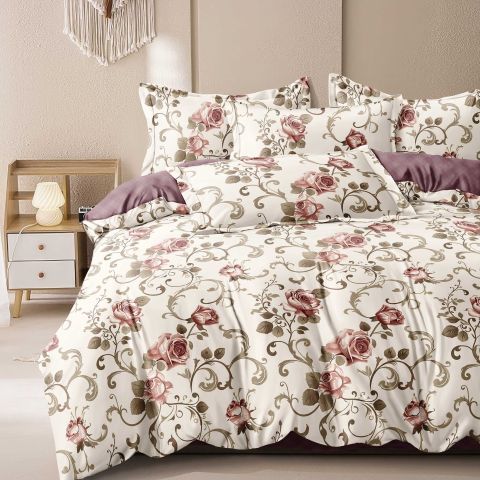Lenjerie pat dublu Economy 4 piese, cearsaf pat 230x250 cm si pilota 200x230 cm, 2 fete perne 50x70, Imprimeu cu trandafiri Crem ECN8