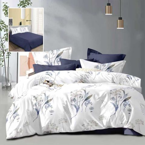 Lenjerie pat dublu Economy 4 piese, cearsaf pat 230x250 cm si pilota 200x230 cm, 2 fete perne 50x70, Flori Alb / Albastru ECN46