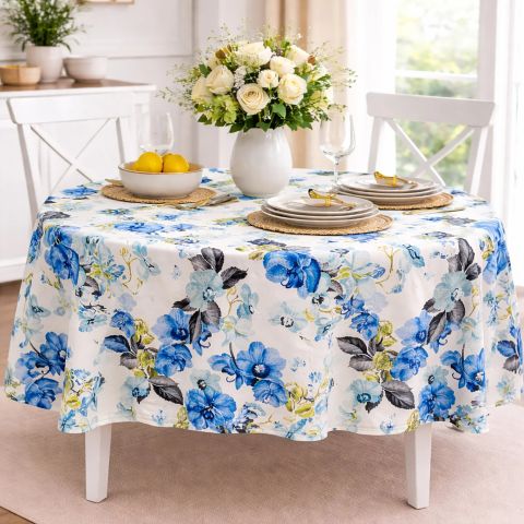 Față de masă rotundă 140 cm antimurdărire, Floricele Galben/Albastru Ralex Pucioasa