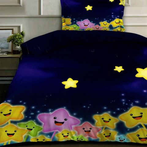 Lenjerie de pat 1 persoana bumbac Finet 3D 3 piese 160 x 230 cm, Stelute colorate, Albastru, Pucioasa F1P69