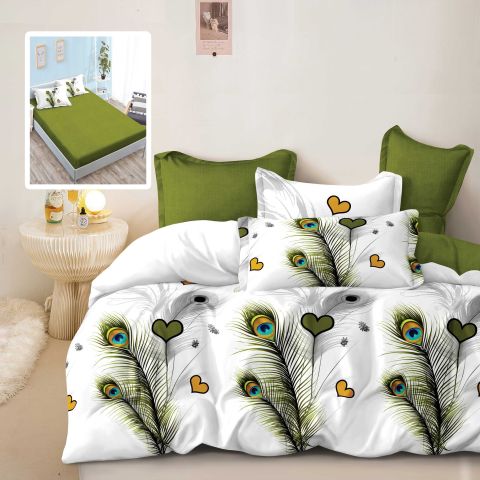 Lenjerie pat dublu Finet Bumbac 6 piese cu husa saltea 160x200 sau 180x200 cm, pilota 200x230 cm, 2 fete perna 50x70 si 70x70 cm, Alb / Verde, Pucioasa FANII V1