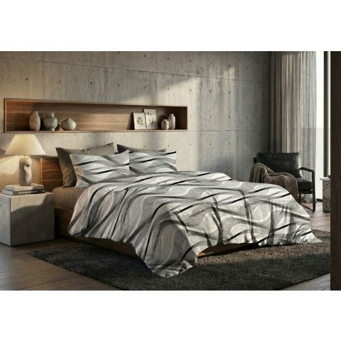 Lenjerie pat bumbac Finet 6 piese PROMO cu husă saltea 160x200 sau 180x200 cm, pilotă 200x220 cm, 2 fețe pernă 50x70 și 70x70 cm, Gri / Maro, Pucioasa