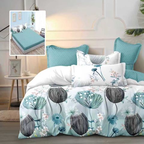 Lenjerie pat dublu Finet Bumbac 6 piese cu husa saltea 160x200 sau 180x200 cm, pilota 200x230 cm, 2 fete perna 50x70 si 70x70 cm, Alb / Bleu, Pucioasa 