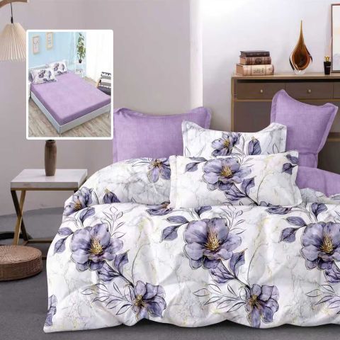 Lenjerie pat dublu Finet Bumbac 6 piese cu husa saltea 160x200 sau 180x200 cm, pilota 200x230 cm, 2 fete perna 50x70 si 70x70 cm, Alb / Lila, Pucioasa