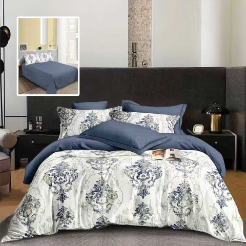 Lenjerie de pat dublu bumbac Finet 6 piese 220 x 240 cm, pilota 200x220 cm, 2 fete perna 50x70 si 70x70 cm, Albastru / Gri, Pucioasa 