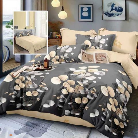 Lenjerie de pat dublu bumbac Finet 6 piese 220 x 240 cm, pilota 200x220 cm, 2 fete perna 50x70 si 70x70 cm, Bej / Negru, Pucioasa
