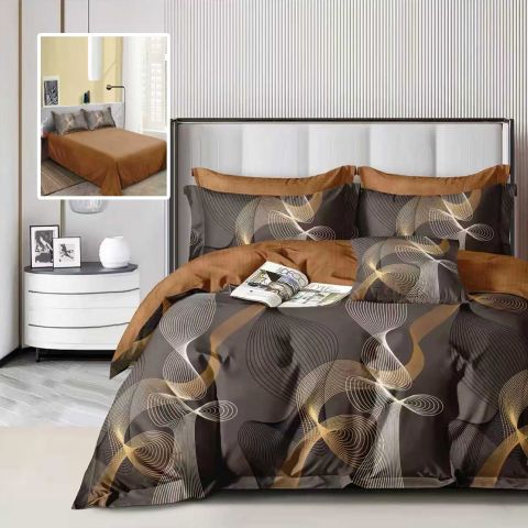 Lenjerie de pat dublu bumbac Finet 6 piese 220 x 240 cm, pilota 200x220 cm, 2 fete perna 50x70 si 70x70 cm, Maro / Negru, Pucioasa 