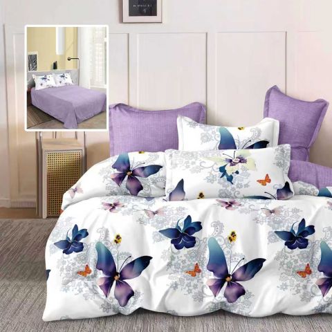 Lenjerie de pat dublu bumbac Finet 6 piese 220 x 240 cm, pilota 200x220 cm, 2 fete perna 50x70 si 70x70 cm, Mov / Albastru, Pucioasa 