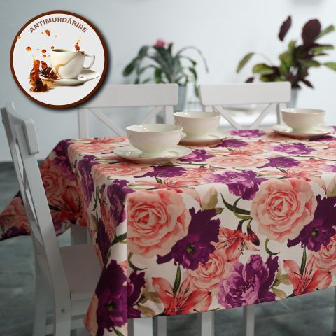 Fata de masa antimurdarire 100% Bumbac 140x180 cm, Motiv floral Roz-Mov FMA105