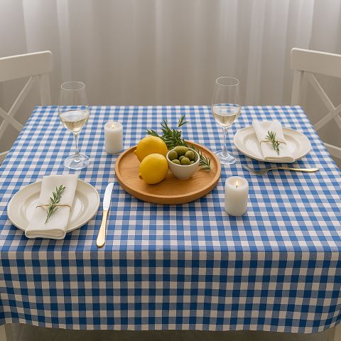 Față de masă rotundă 140 cm anti murdărire 100% Bumbac, Pătrățele Albastru