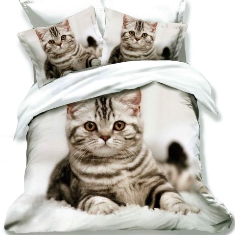 Lenjerie de pat dublu bumbac Finet 3D 6 piese 220 x 240 cm, Pisica, Alb, Pucioasa FN3D80